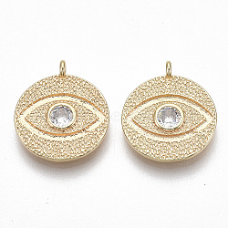 Brass Micro Pave Cubic Zirconia Pendants, Textured Flat Round with Eye, Nickel Free, Clear, Real 18K Gold Plated, 18x16x2.5mm, Hole: 1.4mm(KK-S356-014G-NF)