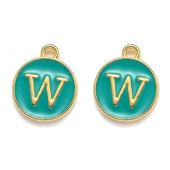 Golden Plated Alloy Enamel Charms, Enamelled Sequins, Flat Round with Alphabet, Letter.W, Green, 14x12x2mm, Hole: 1.5mm