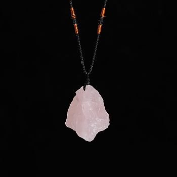 Natural Raw Rose Quartz Nugget Pendant Necklaces, Braided Cord Necklace for Women, 23-5/8 inch(60cm)