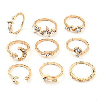 Crystal Rhinestone Cuff Rings Set, Golden Alloy Stackable Rings, Moon, Inner Diameter: 16~18mm, 9pcs/set