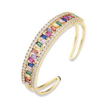 Colorful Cubic Zirconia Open Cuff Bangle, Brass Jewelry for Women, Nickel Free, Golden, Inner Diameter: 2 inch(5.1cm)