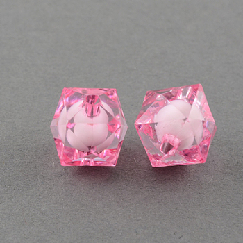 Transparent Acrylic Beads, Bead in Bead, Faceted Cube, Hot Pink, 10x9x9mm, Hole: 2mm, about 1050pcs/500g