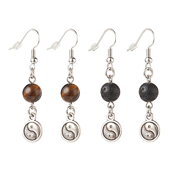 2Pair 2 Style Natural Lava Rock & Tiger Eye with Yin Yang Long Dangle Earrings, Brass Jewelry for Women, 49~50mm, Pin: 0.7mm, 1 Pair/style