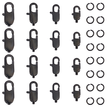 16Pcs 4 Styles 304 Stainless Steel Lobster Claw Clasps, with 16Pcs 304 Stainless Steel Open Jump Rings, Electrophoresis Black, 11~16x5.5~8x3mm, Hole: 1~1.5x1.5~2mm, 4pcs/style