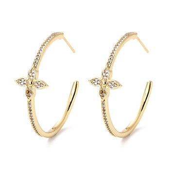 Cubic Zirconia Open Hoop Earrings for Girl Women, Sunflower Half Hoop Earrings, C-shape Brass Stud Earrings, Real 18K Gold Plated, 34x35x11mm, Pin: 0.7mm