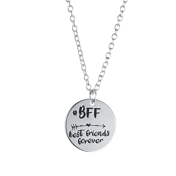 Alloy Pendant Necklaces, Friendship Necklaces, with Lobster Claw Clasps, Flat Round with Word BFF Best Friends Forever, Platinum, 20.59 incehs(52.3cm)