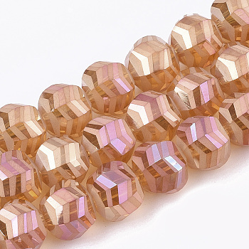 Electroplate Glass Beads Strands, Frosted, Faceted, Round, Coral, 9x10x8.5mm, Hole: 1.5mm, about 70pcs/strand, 24.4 inch