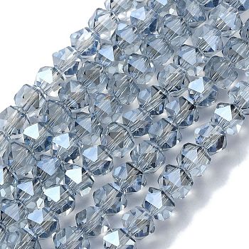 AB Color Plated Glass Beads, Faceted, Polygon, Steel Blue, 6x6x5.5mm, Hole: 1.2mm, about 96~100pcs/strand, 20.08''~20.47''(51~52cm)