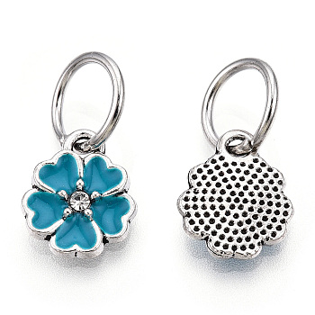 Enamel Style Flower Alloy Rhinestone Charms, with Iron Findings, Antique Silver, Dark Cyan, 13.5x11x3mm, Hole: 6mm