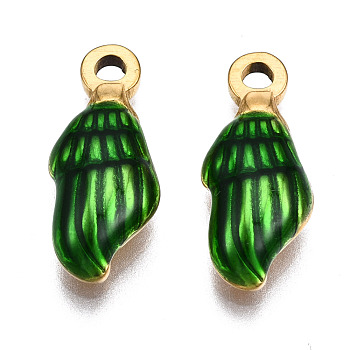304 Stainless Steel Pendants, with Enamel, Spiral Shell, Golden, Green, 18.5x7.5x4mm, Hole: 1.5mm
