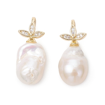 Baroque Natural Edison Keshi Pearl Pendants, Oval Charms with Brass Micro Pave Cubic Zirconia Leaf, White, Golden, 26~27x12x11mm, Hole: 6x3mm