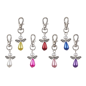 Angel ABS Plastic Imitation Pearl Pendant Decooration, with Alloy Swivel Lobster Claw Clasps, Mixed Color, 64mm