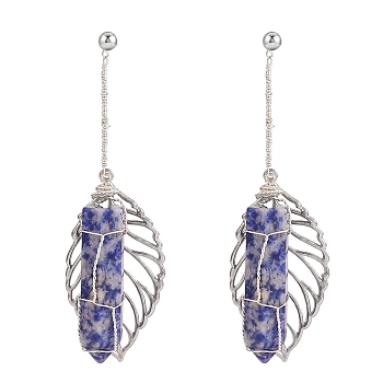 Natural Sodalite Bullet & Leaf Dangle Stud Earrings, Wire Wrapped Gemstone Jewelry for Women, Stainless Steel Color, 70mm, Pin: 0.7mm