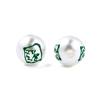 Mahjong Theme ABS Plastic Imitation Pearl Enamel Beads, Round, Green Dragon, 11.5~12mm, Hole: 2mm