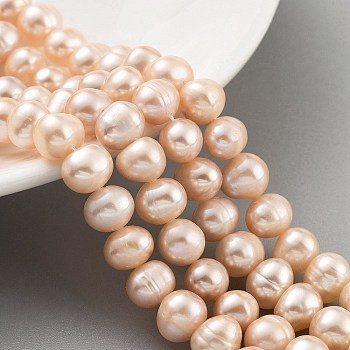 Natural Cultured Freshwater Pearl Beads Strands, Potato, Light Salmon, 8~9mm, Hole: 0.6mm, about 22~23pcs/strand, 6.50 inch(16.5cm)