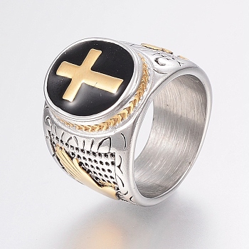 304 Stainless Steel Finger Rings, with Enamel, Wide Band Rings, Cross, Mixed Color, Size 9, 19mm