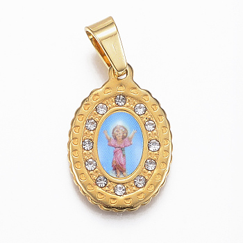 304 Stainless Steel Pendants, with Rhinestone, Oval with Divine Child Jesus, Golden, 20x14x2mm, Hole: 4x6mm
