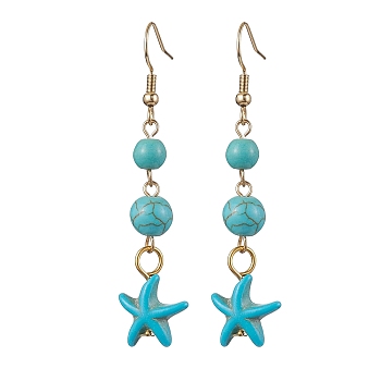 Synthetic Turquoise Dangle Earrings, 304 Stainless Steel Jewelry for Women, Star, 61x13mm