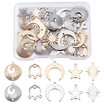 SUPERFINDINGS 40Pcs 5 Style Brass Link Connectors, Long-Lasting Plated, Moon & Flat Round & Star & Sun, Platinum & Golden, 4pcs/style