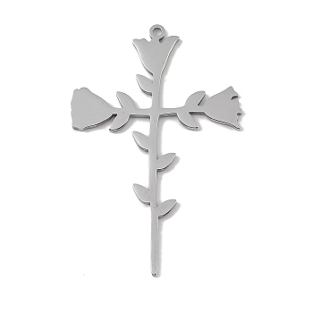 Non-Tarnish 304 Stainless Steel Pendants, Laser Cut, Rose Cross Charm, Stainless Steel Color, 46x30x1mm, Hole: 1mm