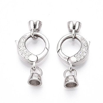 925 Sterling Silver Micro Pave Clear Cubic Zirconia Spring Gate Clasps, with S925 Stamp, Flat Round, Platinum, 24x12.5x5mm, Hole: 3.8mm, Pendent: 6.5x5x5mm, Hole: 3.8mm