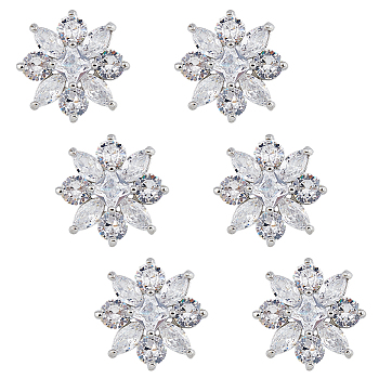 6Pcs 1-Hole Zinc Alloy Shank Buttons, with Cubic Zirconia, Flower, Platinum, 15mm, Hole: 7mm