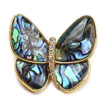 Abalone Shell Broochs, Butterfly with Heart Brass Rhinestone Pins for Women, Golden, 32x36x9mm, hole: 5x3mm