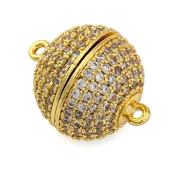 Brass Micro Pave Clear Cubic Zirconia Magnetic Clasps, with Loops, Lead Free & Cadmium Free, Round, Golden, 18x14x14mm, Hole: 1mm