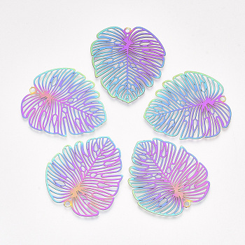 Ion Plating(IP) 201 Stainless Steel Filigree Pendants, Etched Metal Embellishments, Tropical Leaf Charms, Monstera Leaf , Rainbow Color, 39.5x35x0.2mm, Hole: 2mm