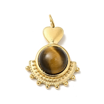 Heart Natural Tiger Eye Pendants, with Ion Plating(IP) Golden Tone 304 Stainless Steel Findings, Fan Charm, 21.5~22x15x5.5mm, Hole: 3mm