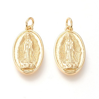 Brass Lady of Guadalupe Pendants, with Jump Rings, Long-Lasting Plated, Oval with Virgin Mary, Real 18K Gold Plated, 21.2x12x2.5mm, Jump Ring: 5x1mm, Inner Diameter: 3mm