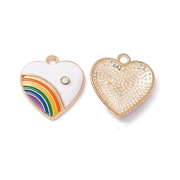 Alloy Enamel Pendant, with Rhinestone, Heart with Rainbow Charm, Golden, White, 20x18x3.5mm, Hole: 2mm