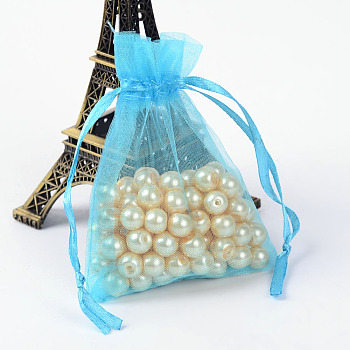 Organza Bags, with Ribbons, Deep Sky Blue, 9x7cm