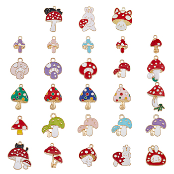 DICOSMETIC 56Pcs 28 Style Alloy Pendants, with Enamel, Light Gold, Mushroom, Mixed Color, 15~26x11~23x1~5mm, Hole: 1.5~2mm, 2pcs/style