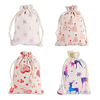 20Pcs 4 Styles Christmas Cotton Fabric Cloth Bag, Drawstring Bags, for Christmas Party Snack Gift Ornaments, Mixed Shapes, 14x10x0.5cm, 5pcs/style