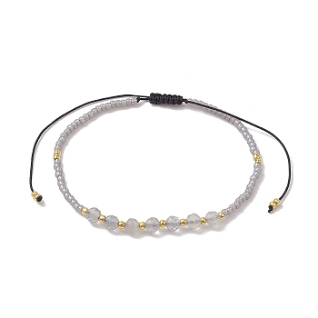 Adjustable Natural Labradorite & Seed Braided Bead Bracelets, Inner Diameter: 1-3/4~3-3/8 inch(4.6~8.7cm)