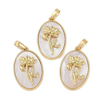 Rack Plating Brass Pave Shell Oval Pendants, Birth Flower Charms, Real 18K Gold Plated, Long-Lasting Plated, Lead Free & Cadmium Free, Seashell Color, 25.5x16x4.5~5.5mm, Hole: 5.5x3mm