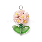 Glass Seed Beaded Flower Pendants, with Resin & Brass Finding, Pink, 25x14x13mm, Hole: 3x2.5mm(X1-PALLOY-MZ00521-01)
