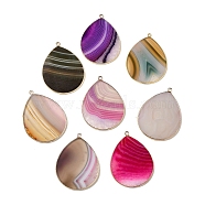 Natural Agate Pendants, with Brass Findings, Teardrop, Golden, Mixed Color, Dyed & Heated, 41~41.5x32x2mm, Hole: 1.5mm(G-E526-01-M)