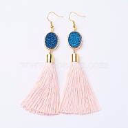 Ice Silk Thread Tassel Dangle Earrings, with Electroplated Natural Druzy Quartz Crystal and Brass Earring Hooks, Golden, PeachPuff, 98mm, Pin: 0.6mmg, Pendant: 80x14x7mm(EJEW-P142-B05)