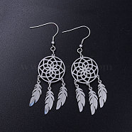 201 Stainless Steel Chandelier Earrings, Woven Net/Web with Feather, Stainless Steel Color, 70x20mm, Pin: 0.7mm(STAS-S105-JN361-1)