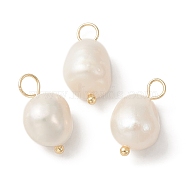 Natural Freshwater Pearl Pendants, Potato Charms with Golden Plated Brass Loops, Floral White, 16~17x8~9x8~8.5mm, Hole: 2.5~3mm(PALLOY-JF02153-01)