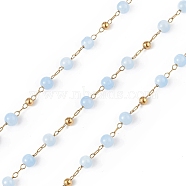 Dyed Natural Jade Round Beaded Chain, with Golden 304 Stainless Steel Satellite Chains, Unwelded, with Spool, Sky Blue, 2.5x1x0.3mm, 5x4mm, 3mm, about 32.81 Feet(10m)/Roll(CHS-C006-01G)