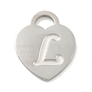 Non-Tarnish 304 Stainless Steel Pendants, Laser Cut, Heart with Letter Charm, Stainless Steel Color, Letter L, 15x12x1mm, Hole: 3x3.5mm(FIND-M017-01P-L)