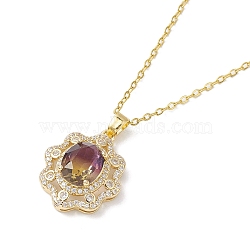 Brass Micro Pave Cubic Zirconia Pendant Necklaces, with Glass, Flower, Purple, 15.47 inch(393mm)(NJEW-C039-04KCG-02)