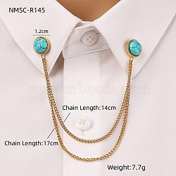 304 Stainless Steel Pave Dyed Synthetic Turquoise Hanging Chain Brooch, Golden, Round, 170mm, Brooch: 12mm(JEWB-S021-04G-04)