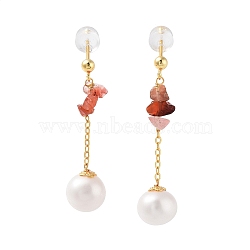 Round Natural Pearl Earrings for Women, Natural Agate Chip Sterling Silver Dangle Earrings, Real 18K Gold Plated, 35x9mm(EJEW-E303-08G)