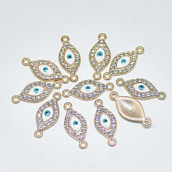 Light Gold Plated Alloy Links, with Crystal Rhinestone and Enamel, Evil Eye, White, 26x11x2.5mm, Hole: 1.8mm(ENAM-S117-13A)