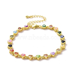Enamel Evil Eye & Cubic Zirconia Heart Link Chain Bracelet, Golden Brass Jewelry for Women, Colorful, 7-1/8 inch(18.2cm)(BJEW-H555-01C)
