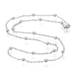 Non-Tarnish 304 Stainless Steel Cable Chain Necklaces, with Round Beads and Lobster Claw Clasps, Stainless Steel Color, 20~20.2 inch(50.8~51.3cm)(NJEW-M183-05P)